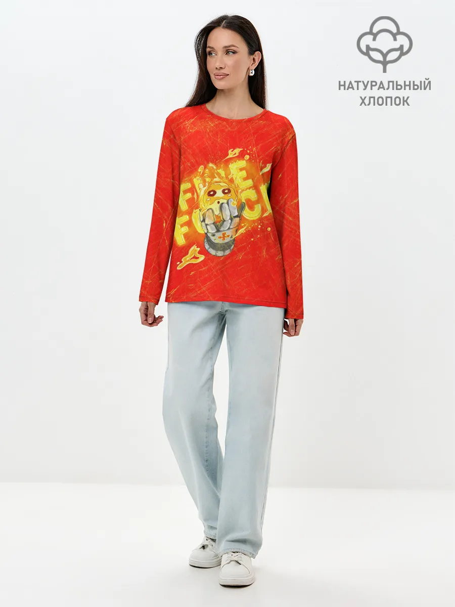 Лонгслив женский. Хлопок / пламенная бригада пожарных красный фон