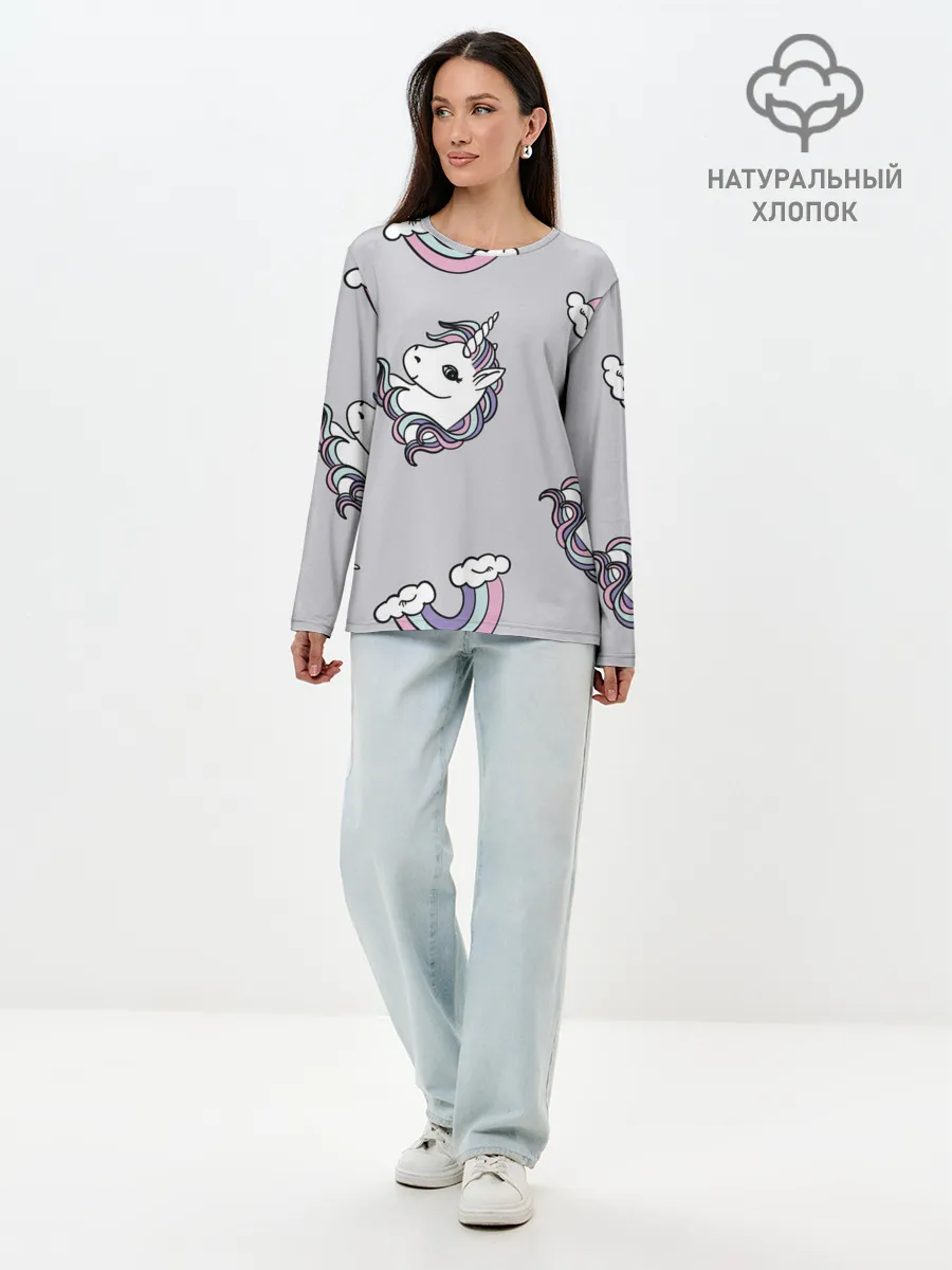 Лонгслив женский. Хлопок / Радужный единорог