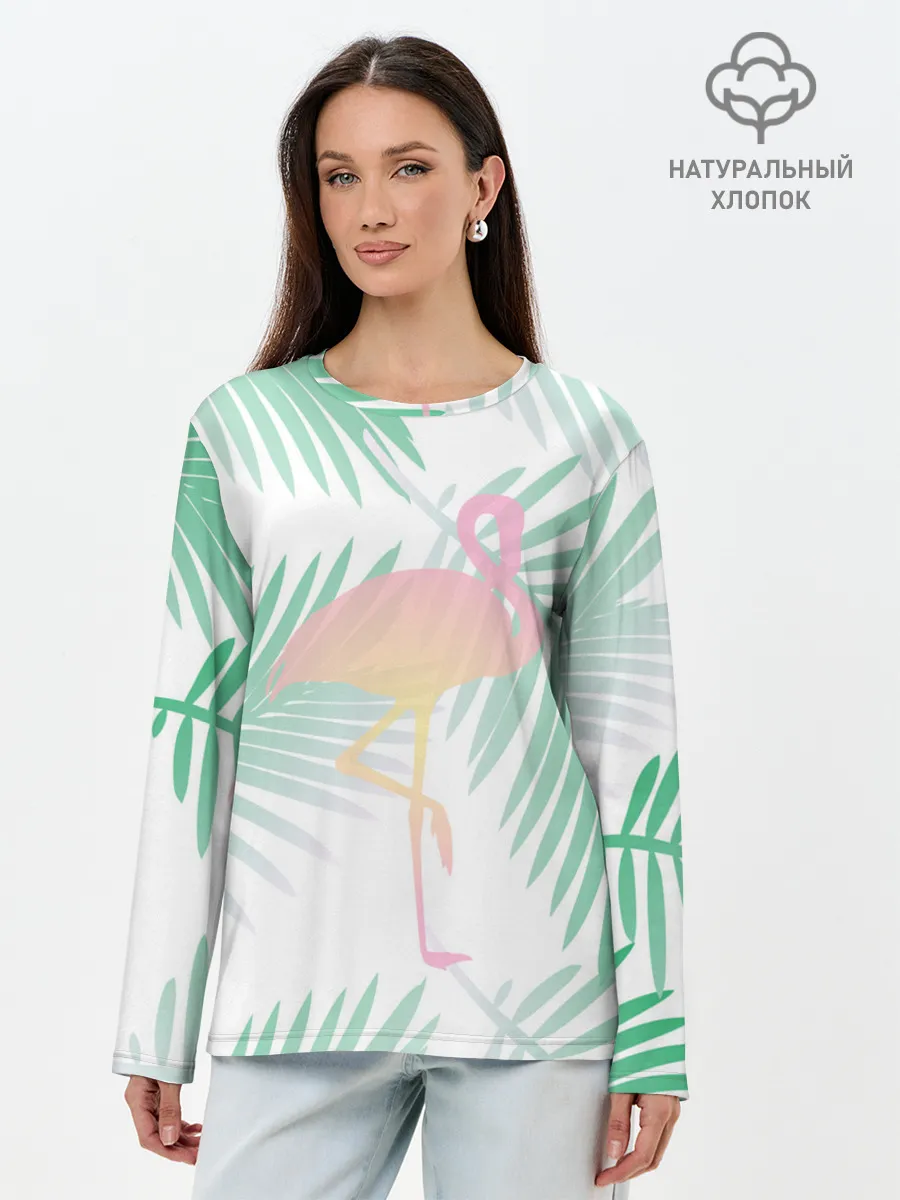 Лонгслив женский. Хлопок / Фламинго в джунглях