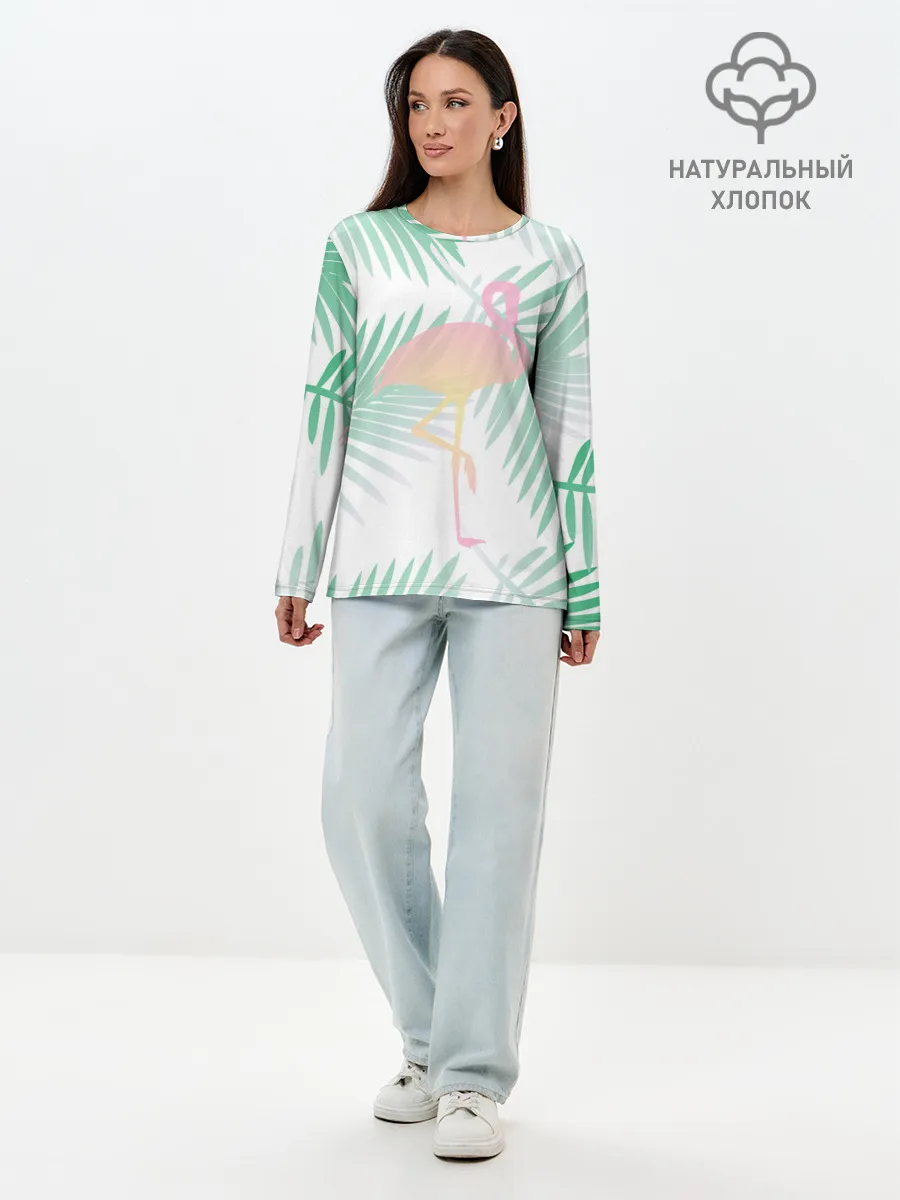 Лонгслив женский. Хлопок / Фламинго в джунглях