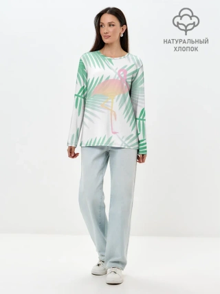 Лонгслив женский. Хлопок / Фламинго в джунглях