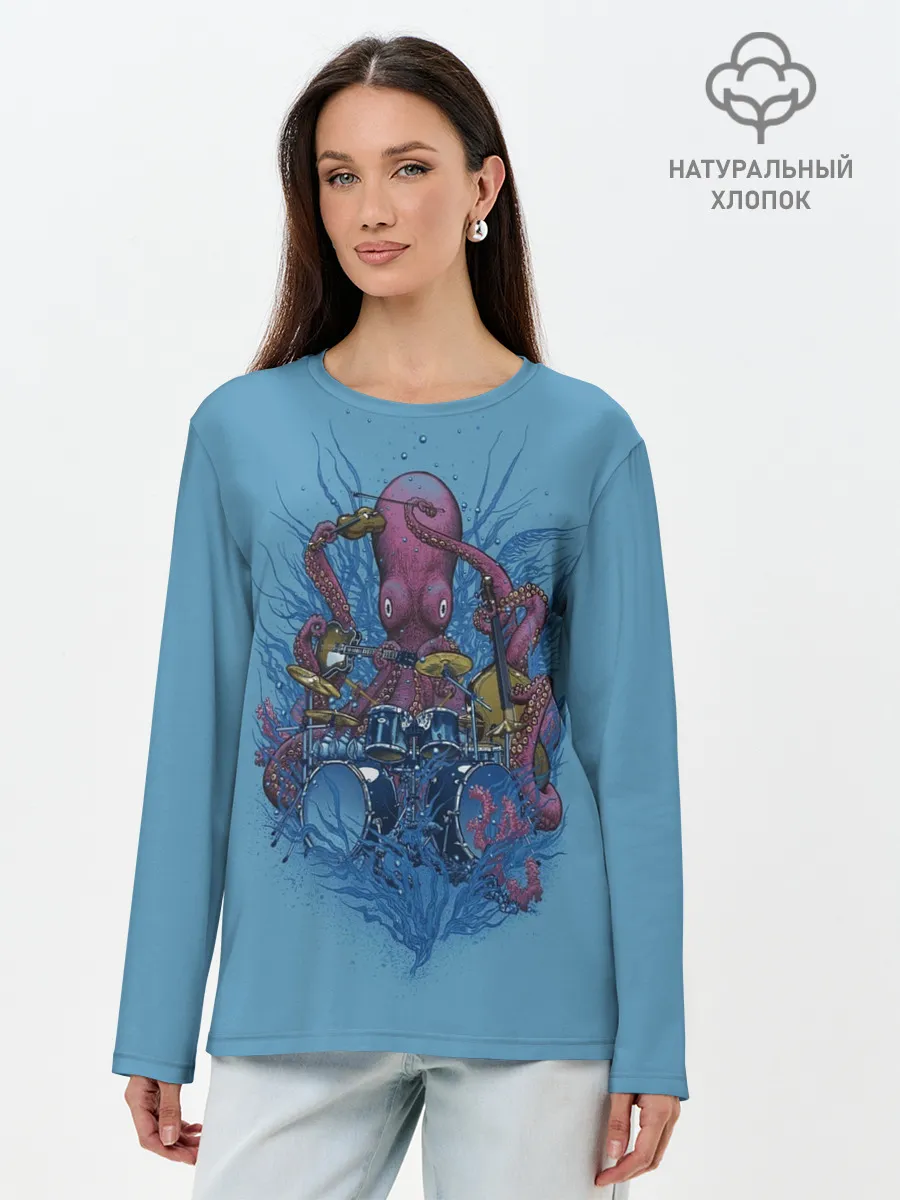 Лонгслив женский. Хлопок / Осьминог барабанщик