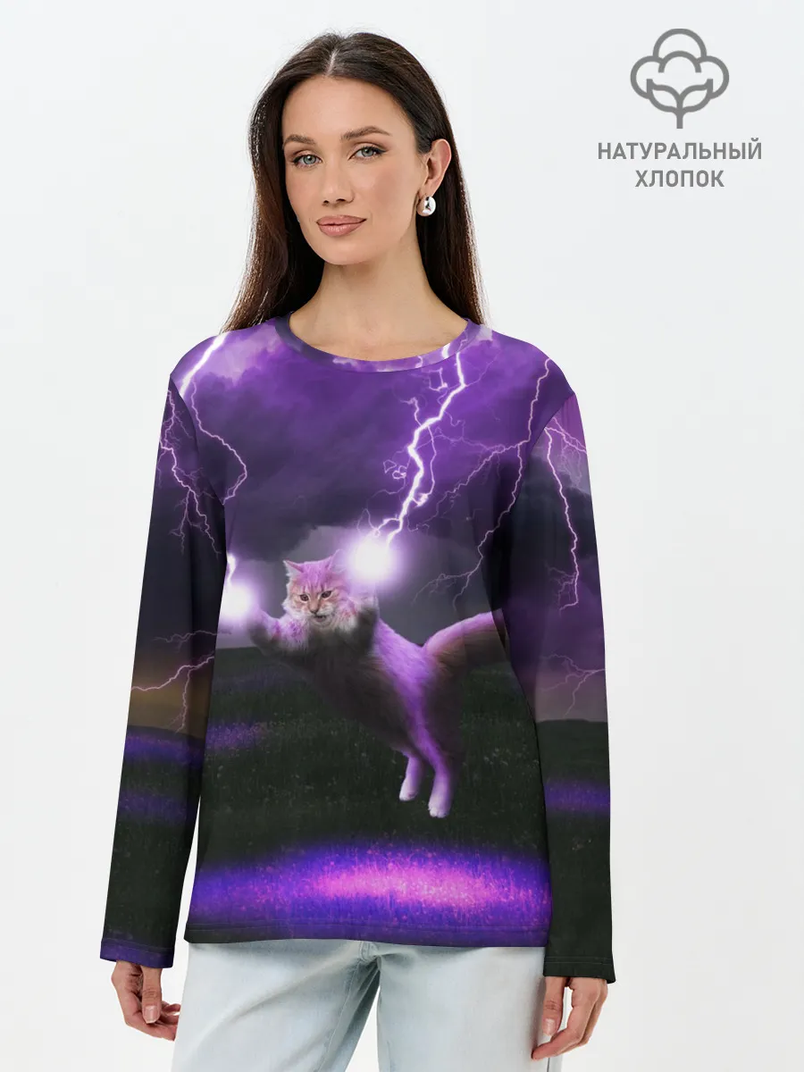 Лонгслив женский. Хлопок / Кот и Молнии