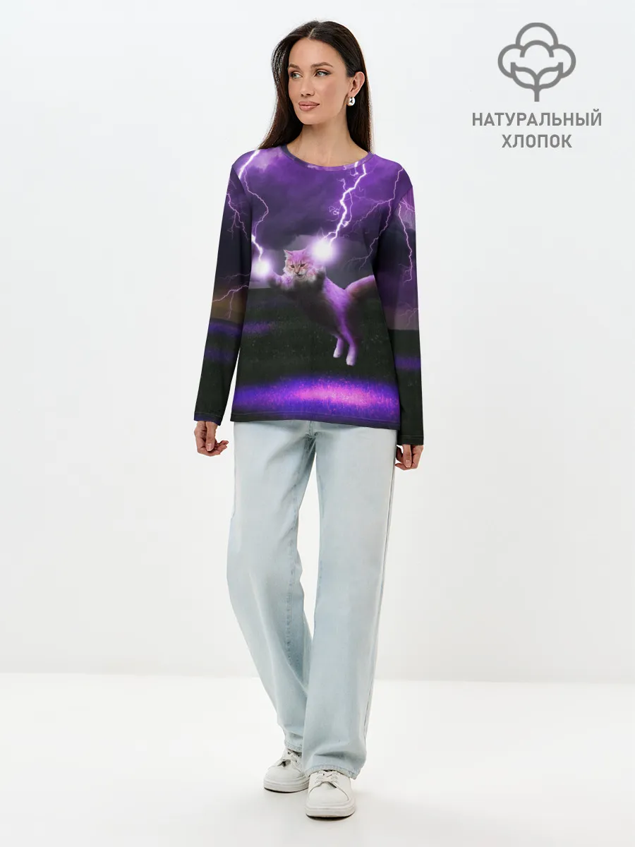 Лонгслив женский. Хлопок / Кот и Молнии