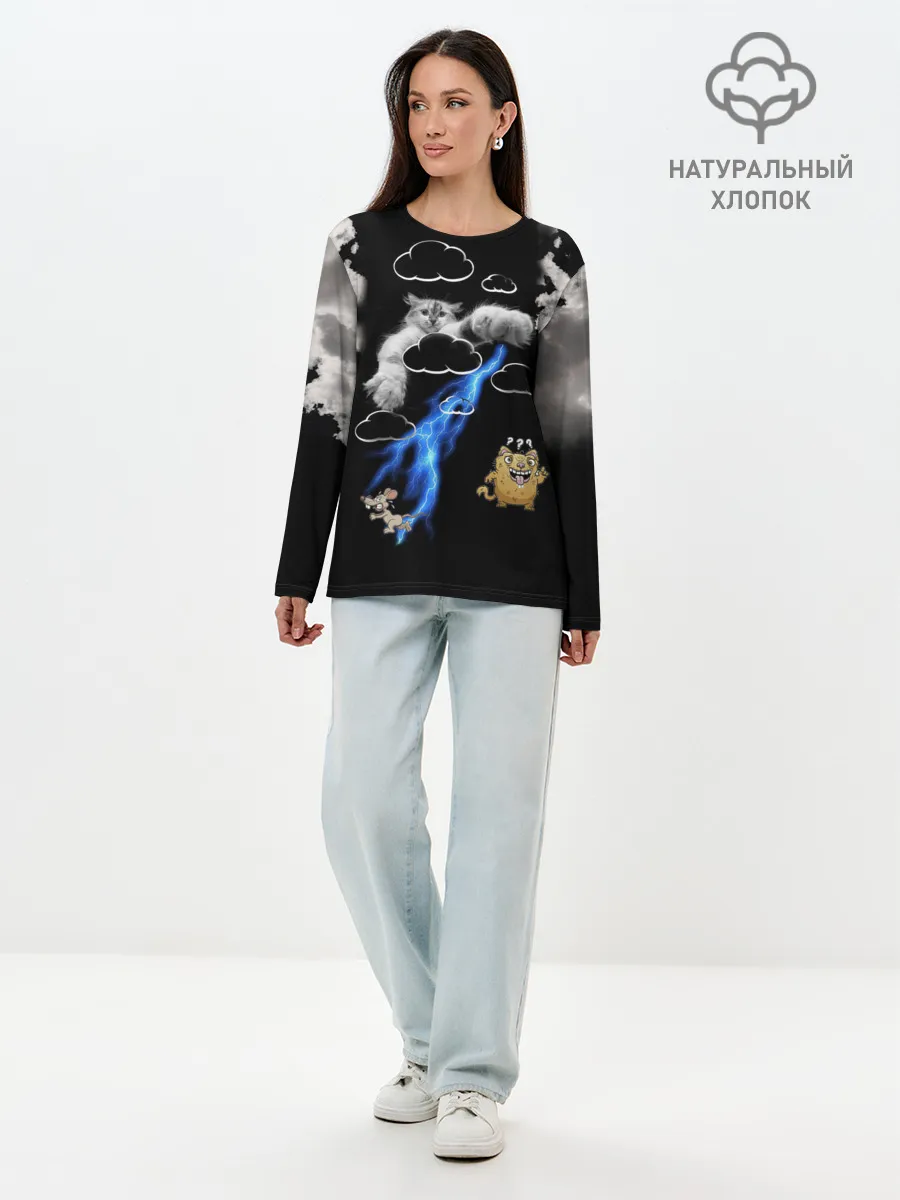 Лонгслив женский. Хлопок / Грозовой, кошак