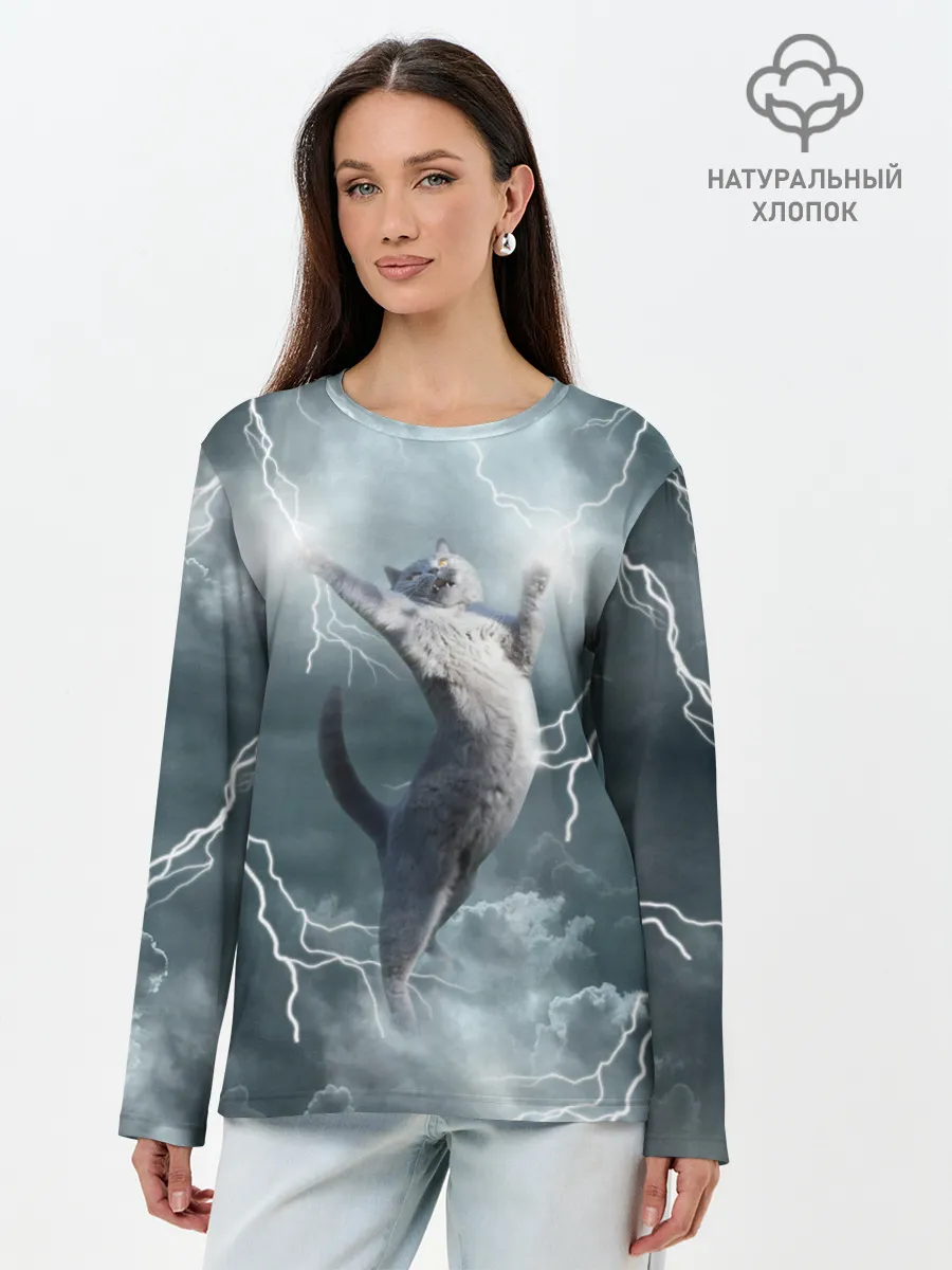Лонгслив женский. Хлопок / Грозовой кошак.