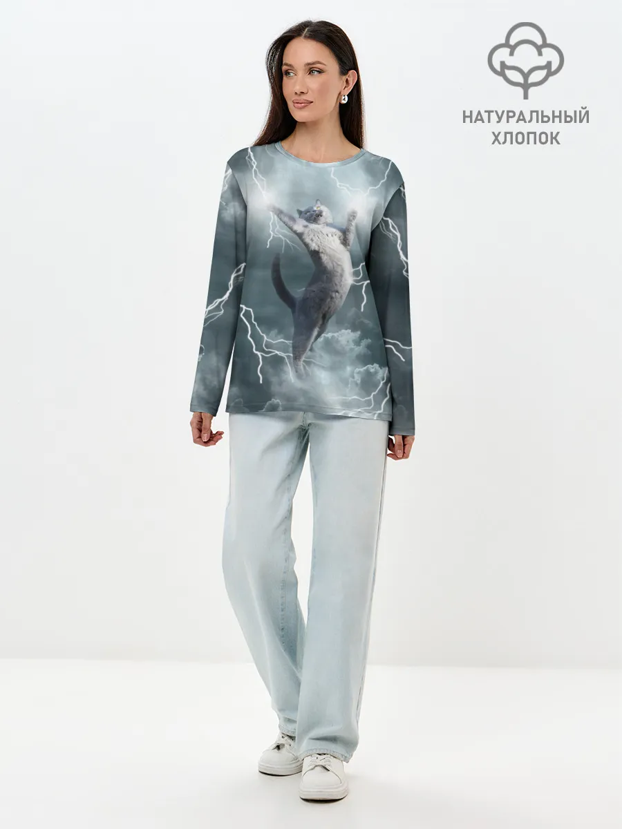 Лонгслив женский. Хлопок / Грозовой кошак.