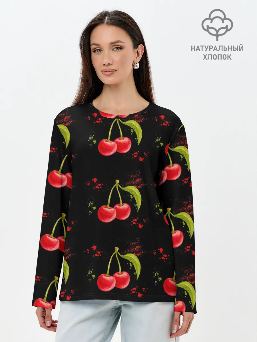 Лонгслив женский. Хлопок / Вишенки