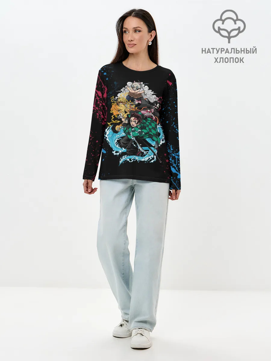 Лонгслив женский. Хлопок / Kimetsu no yaiba красносиние брызги
