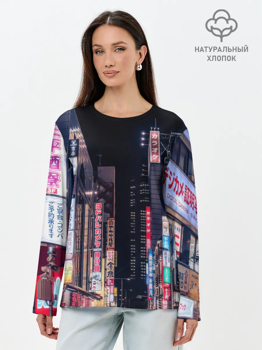 Лонгслив женский. Хлопок / Ночной Токио