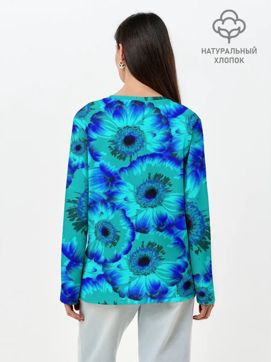 Лонгслив женский. Хлопок / Голубые хризантемы