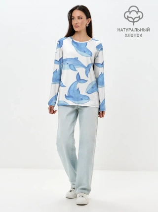Лонгслив женский. Хлопок / Косяк китов