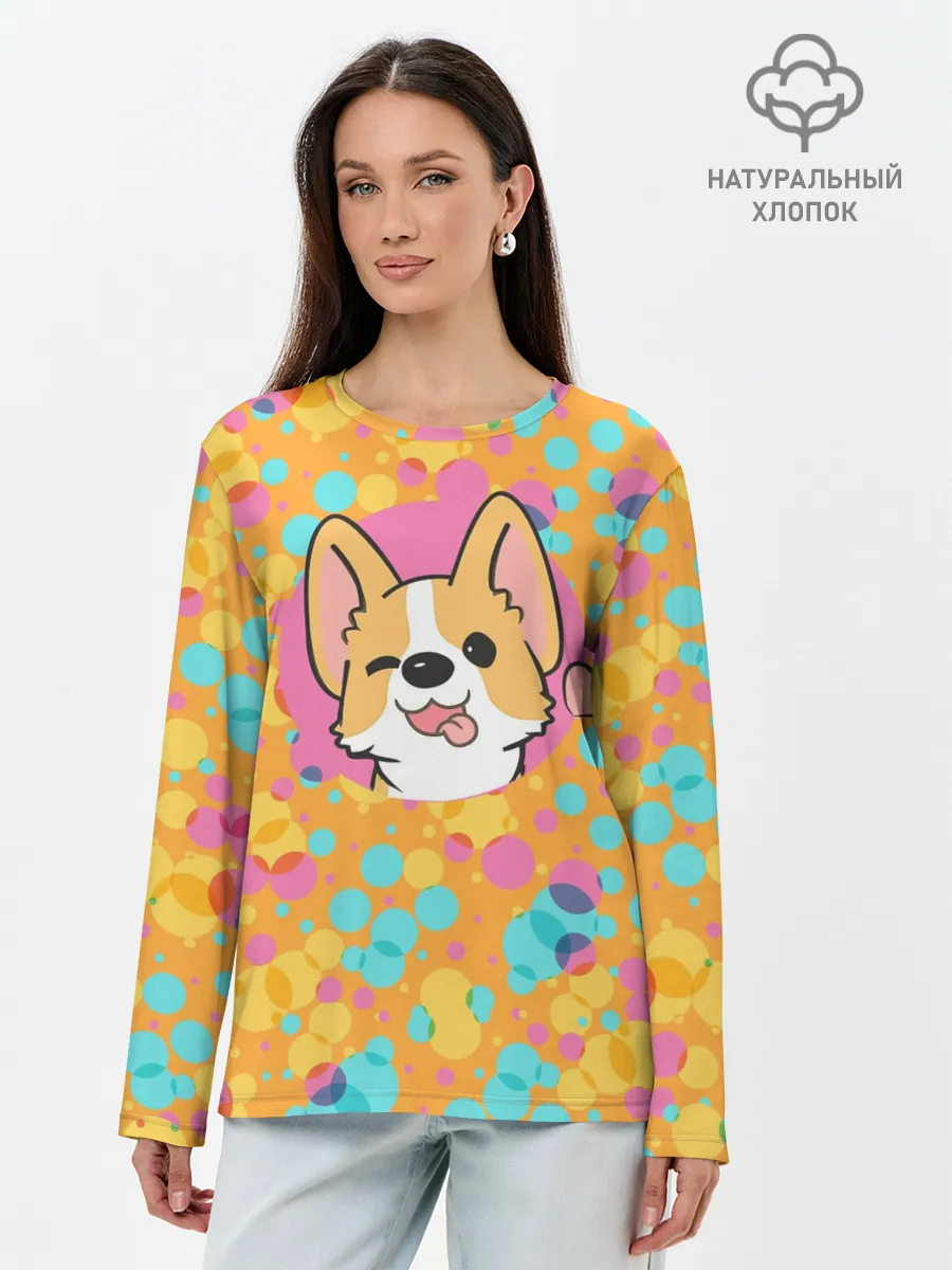 Лонгслив женский. Хлопок / Милый корги