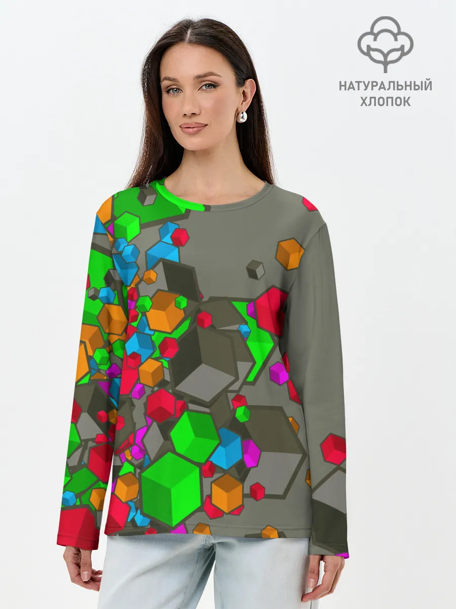 Лонгслив женский. Хлопок / Кубики