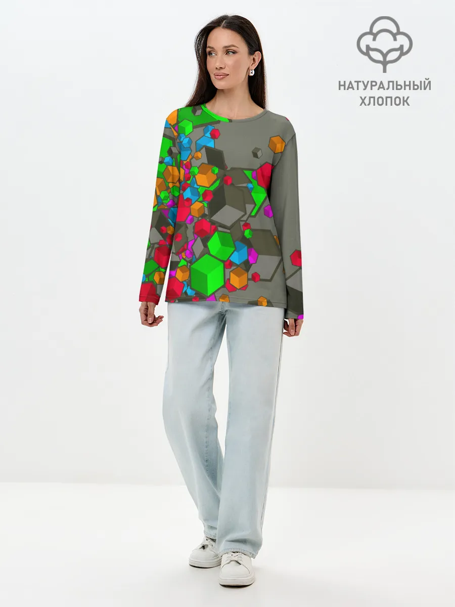 Лонгслив женский. Хлопок / Кубики