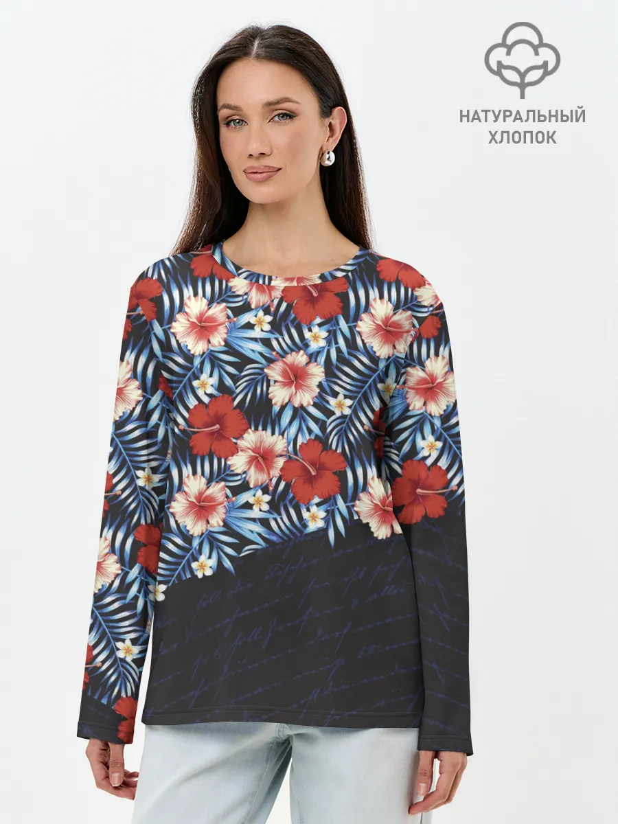 Лонгслив женский. Хлопок / Flowers with inscriptions