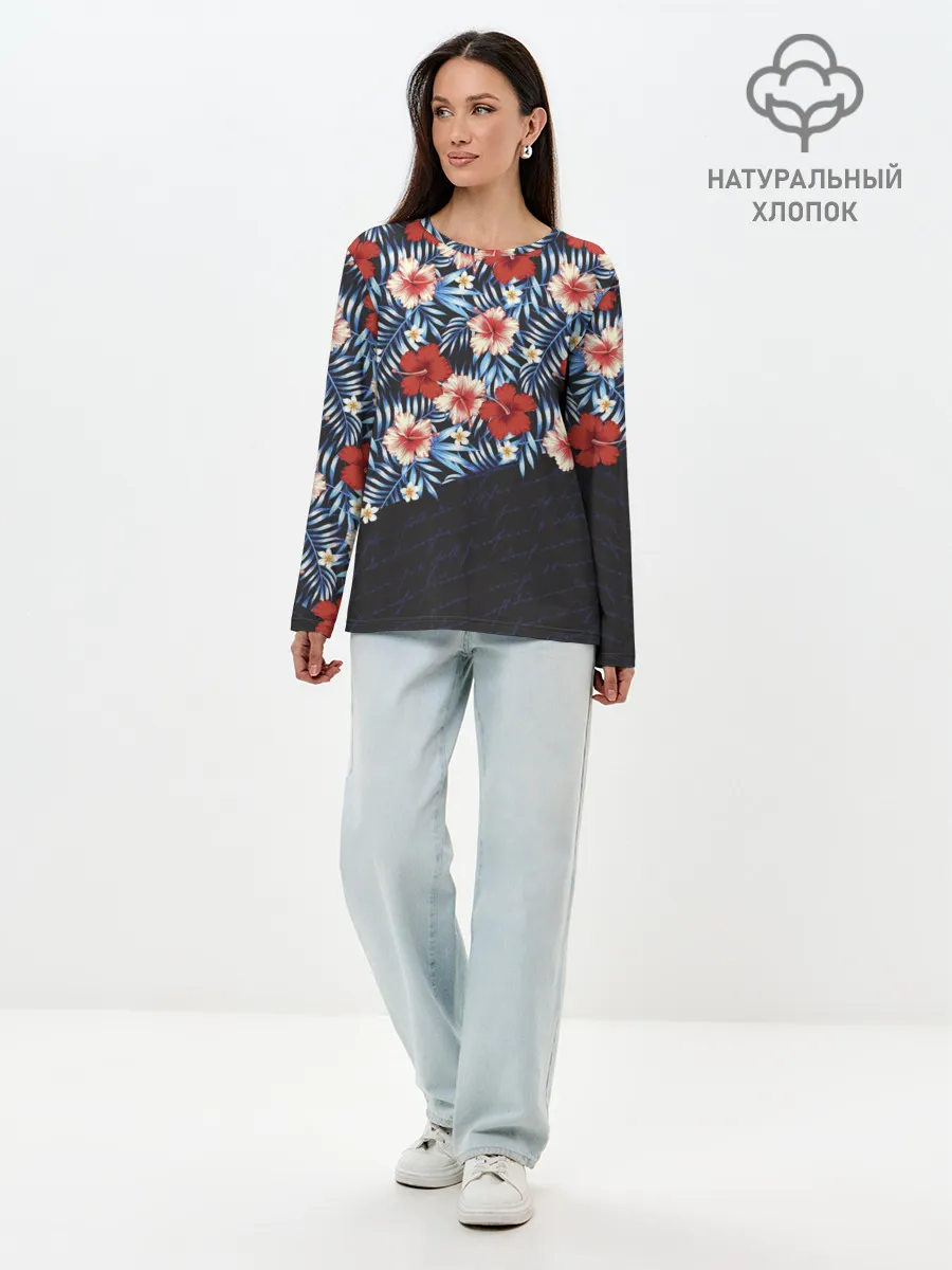 Лонгслив женский. Хлопок / Flowers with inscriptions