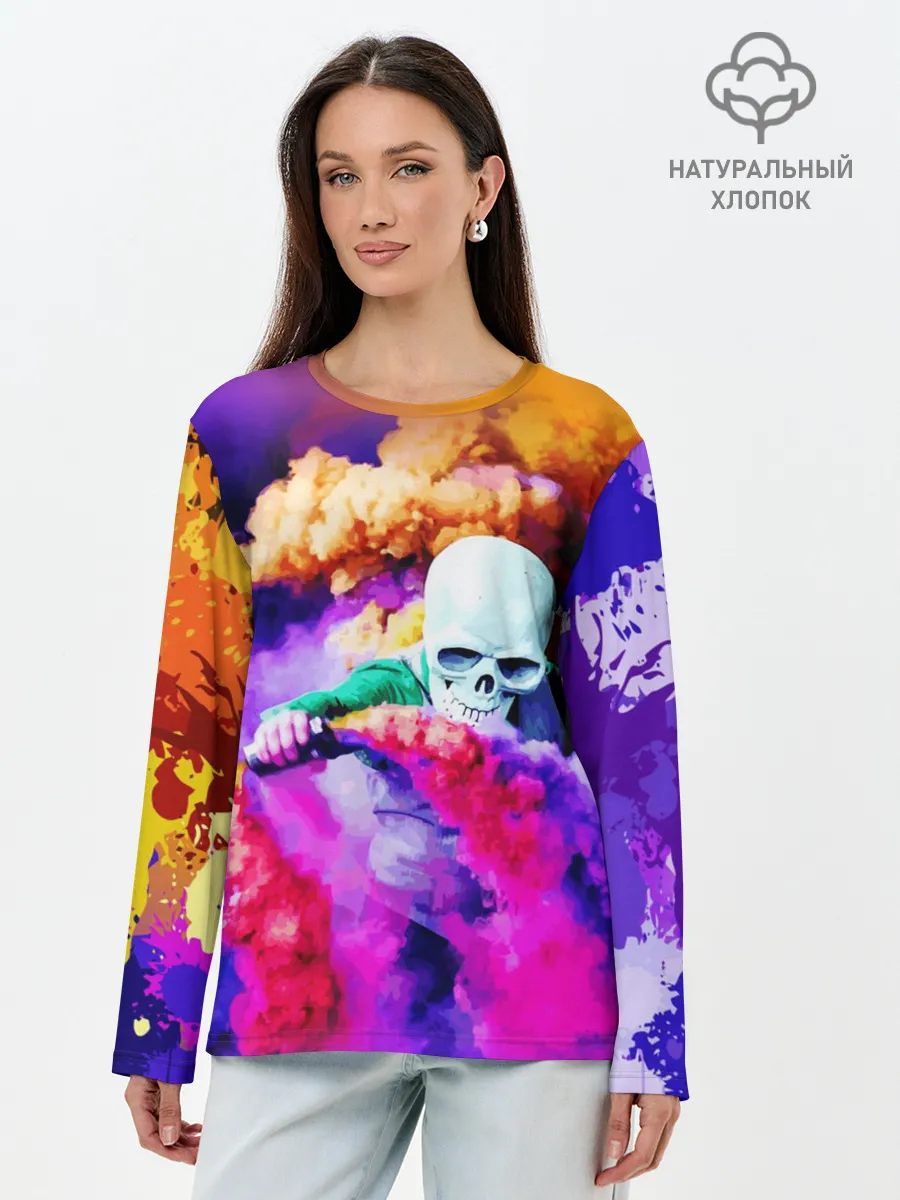 Лонгслив женский. Хлопок / Череп в дыму