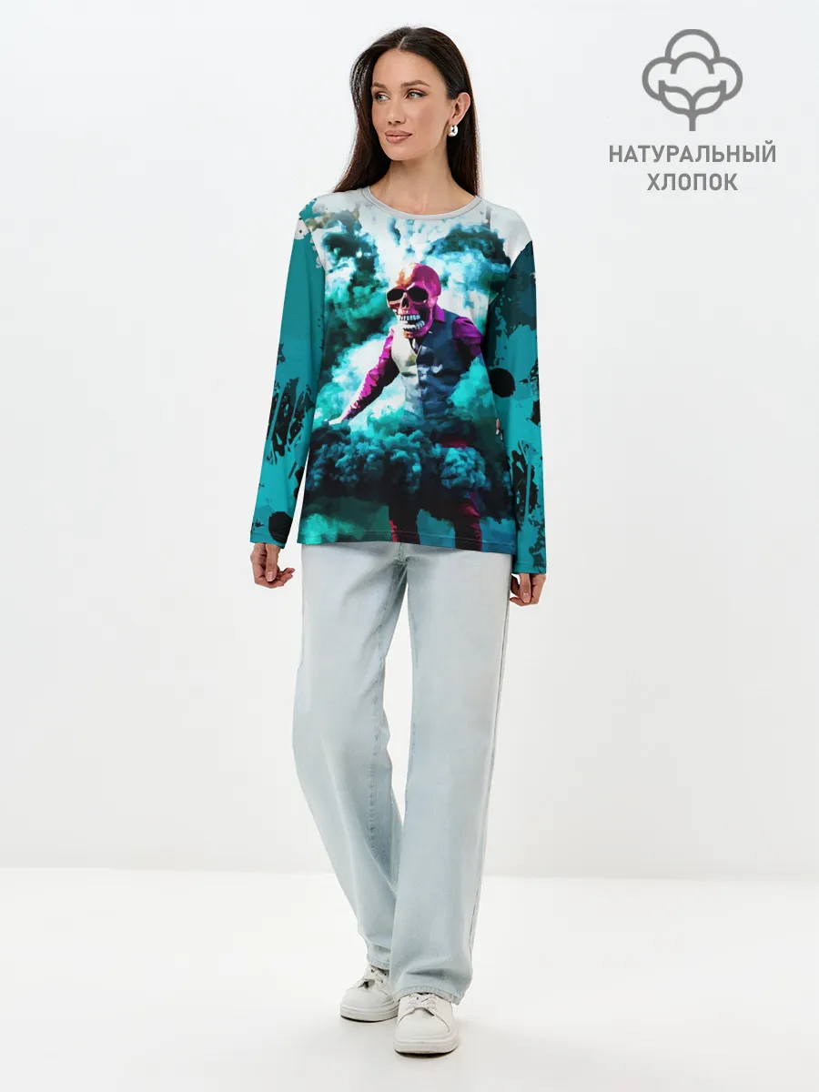Лонгслив женский. Хлопок / Череп в дыму