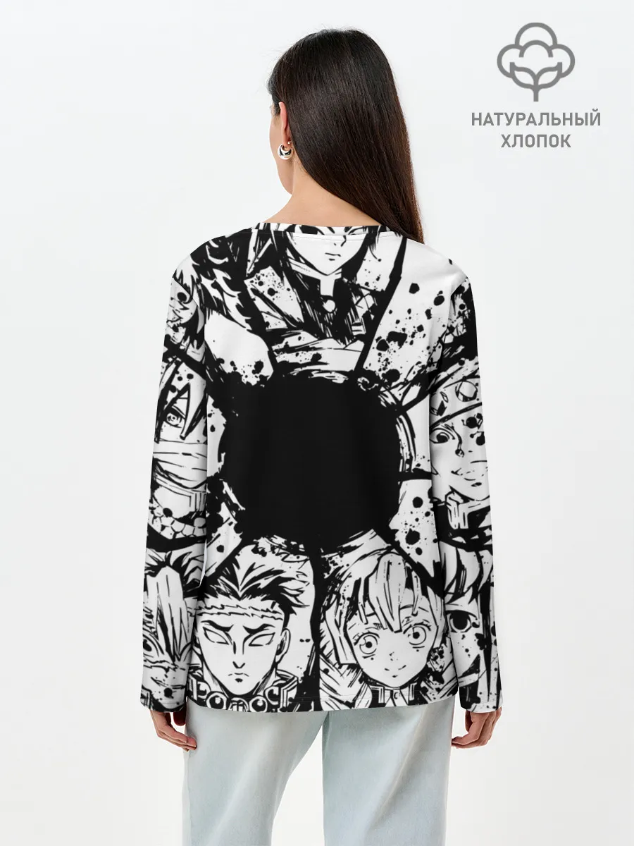 Лонгслив женский. Хлопок / Kimetsu no yaiba чернобелый коллаж
