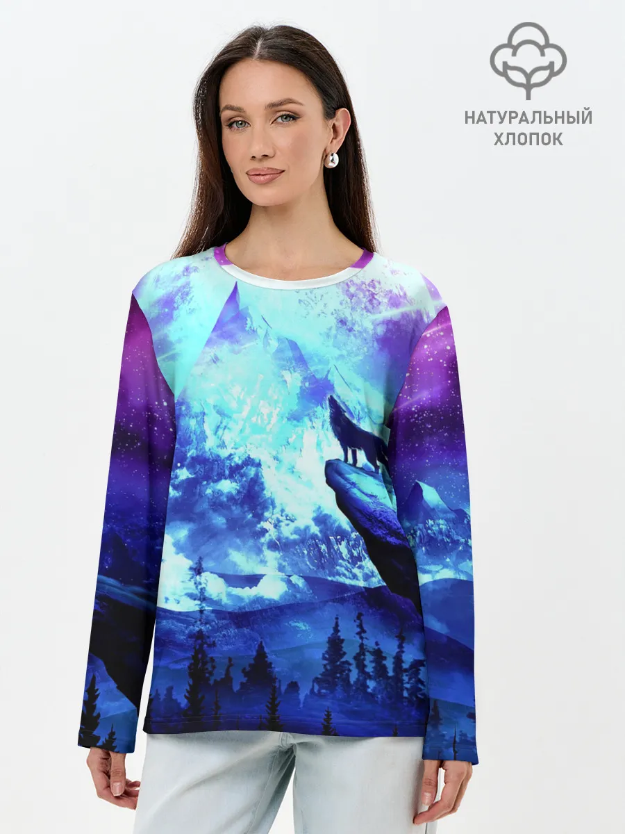 Лонгслив женский. Хлопок / Ночь Волк Луна