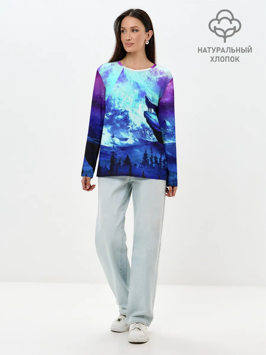 Лонгслив женский. Хлопок / Ночь Волк Луна