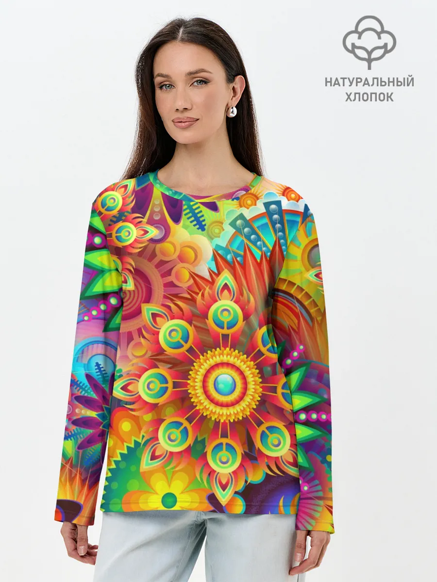 Лонгслив женский. Хлопок / Психоделия | Яркая