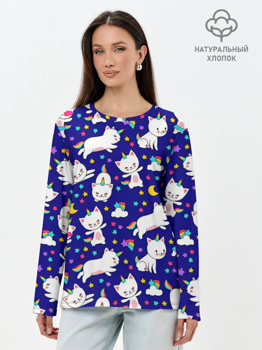 Лонгслив женский. Хлопок / Кот-Единорог