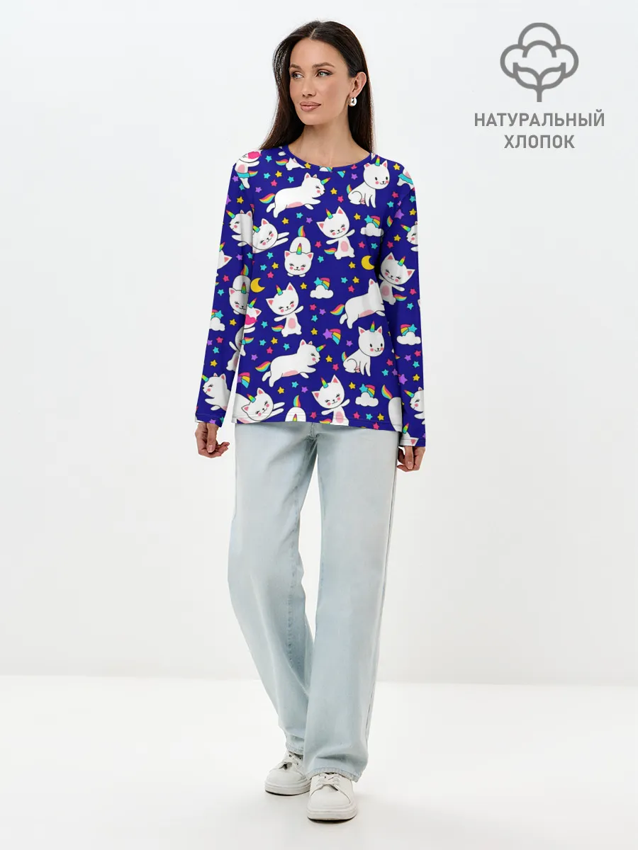 Лонгслив женский. Хлопок / Кот-Единорог