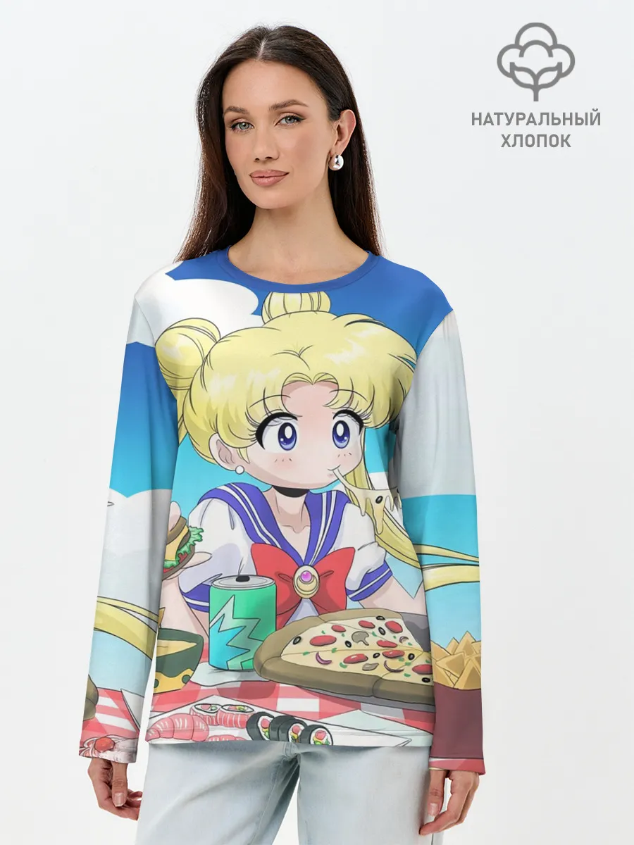 Лонгслив женский. Хлопок / Пицца Мун