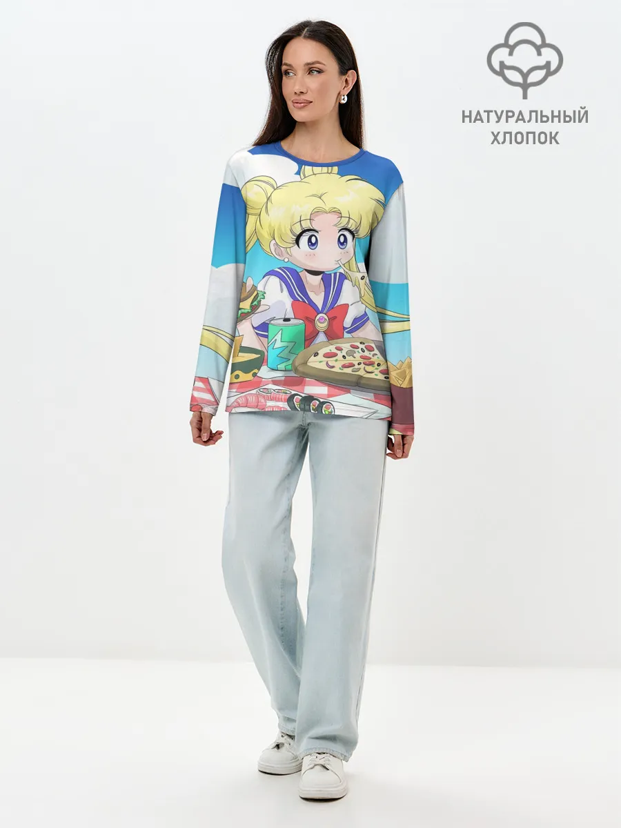 Лонгслив женский. Хлопок / Пицца Мун