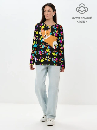 Лонгслив женский. Хлопок / Корги | Цветные лапки