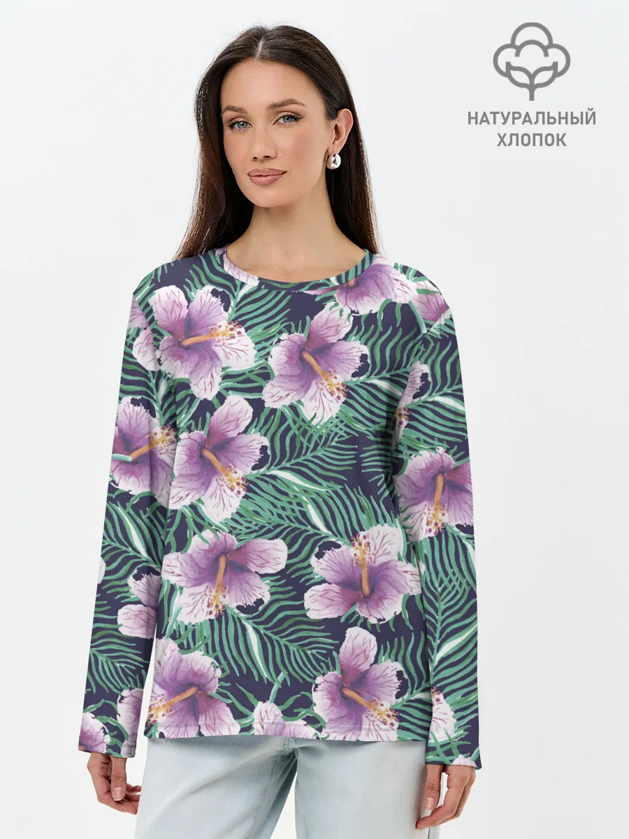 Лонгслив женский. Хлопок / Тропический цветок