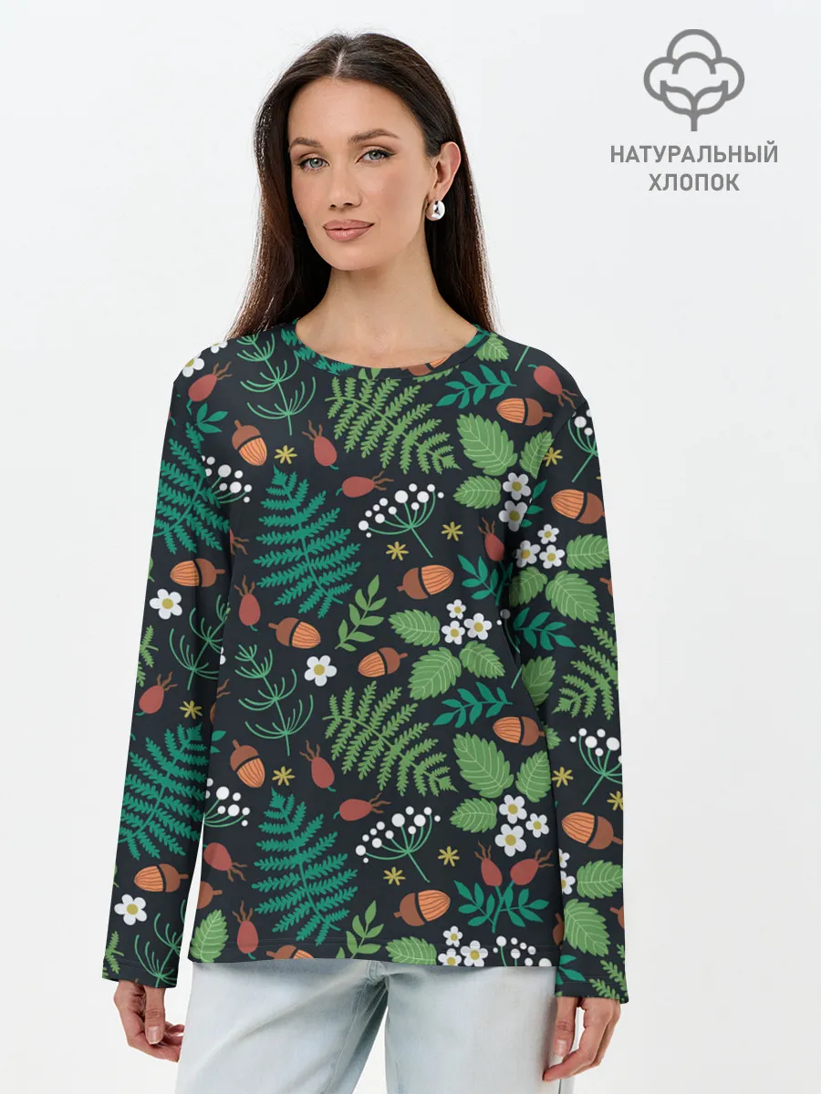 Лонгслив женский. Хлопок / Forest leaves invert