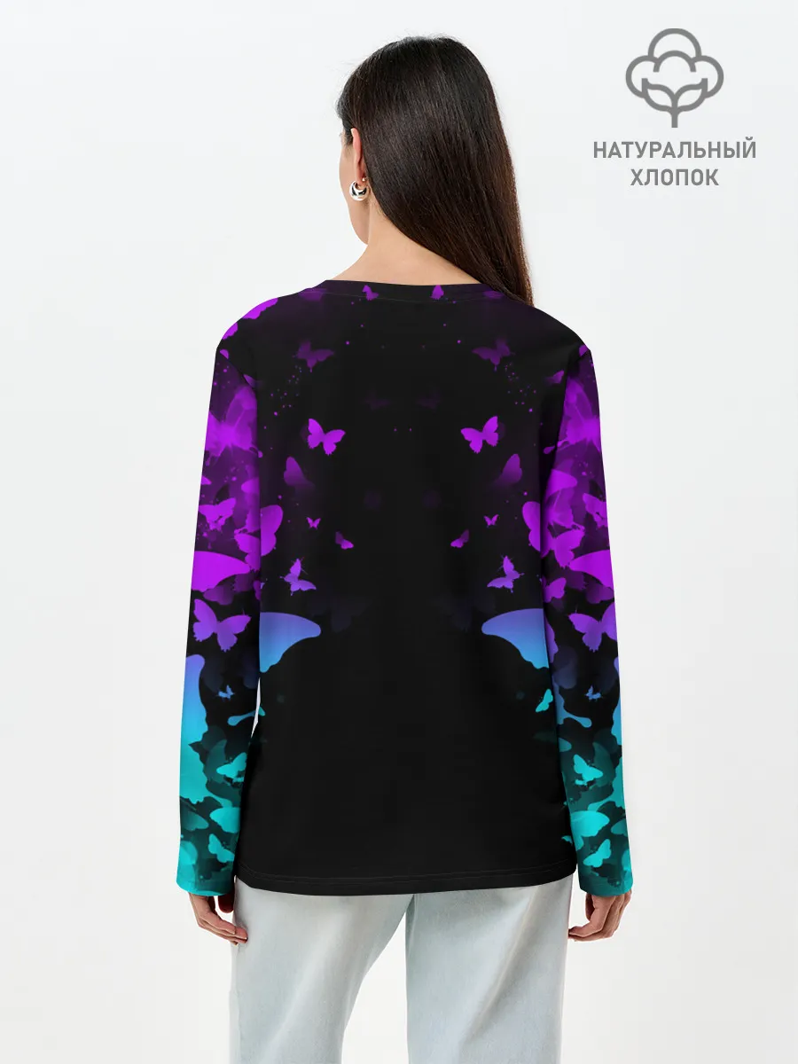 Лонгслив женский. Хлопок / НЕОНОВЫЕ БАБОЧКИ | NEON BUTTERFLIES