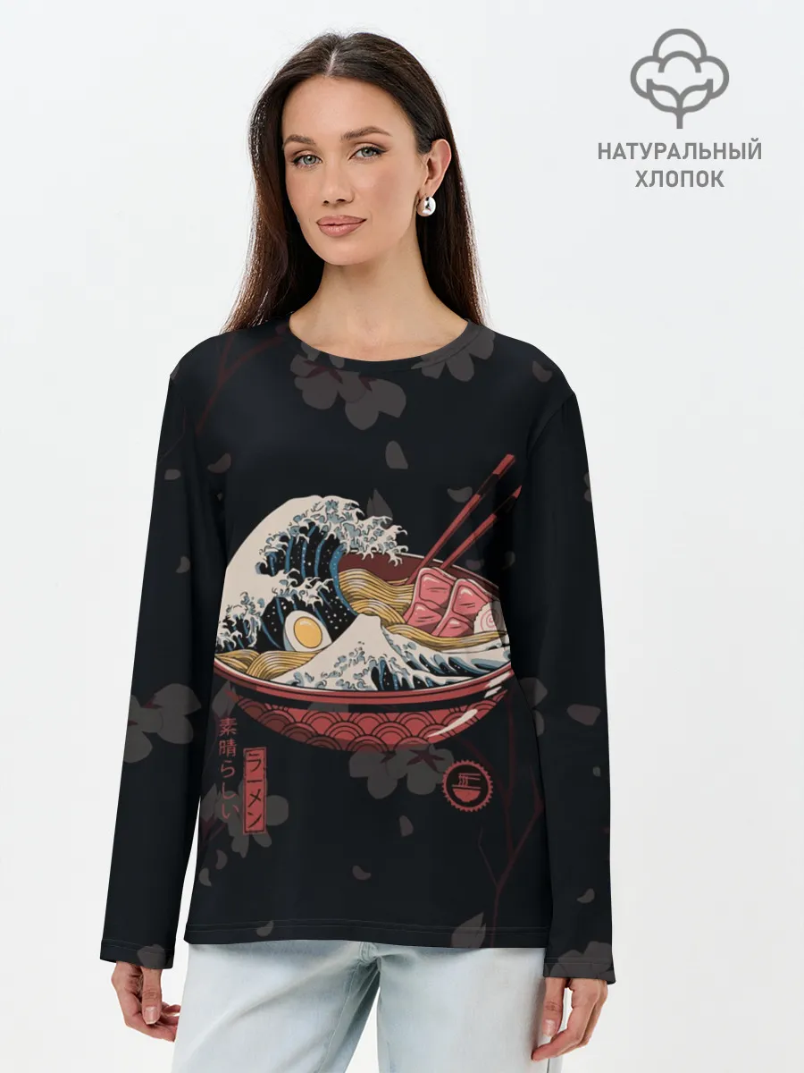 Лонгслив женский. Хлопок / Сакура и рамен