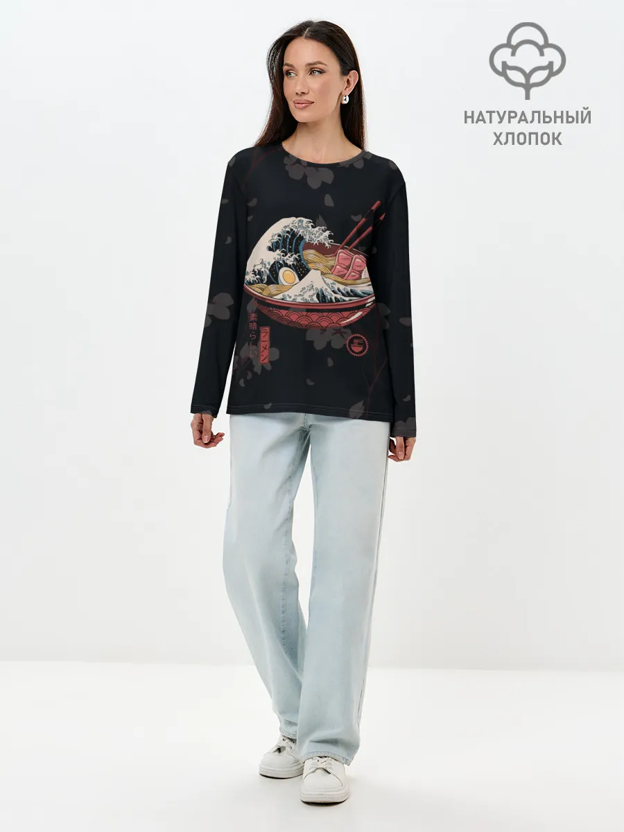 Лонгслив женский. Хлопок / Сакура и рамен