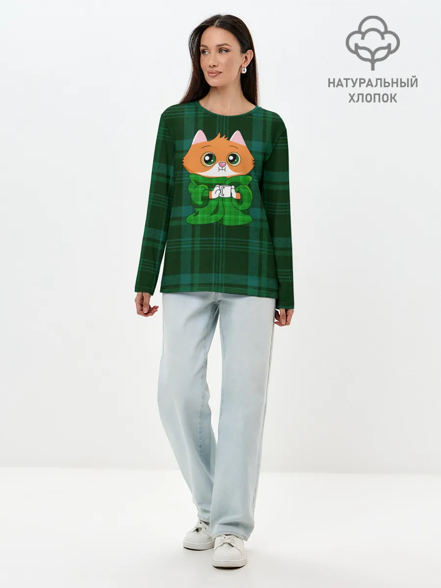 Лонгслив женский. Хлопок / Котёнок в пледе