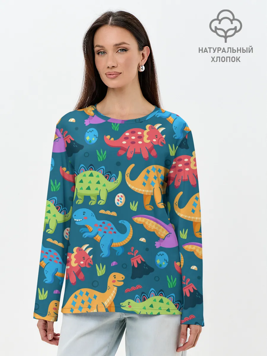 Лонгслив женский. Хлопок / Арт с динозаврами