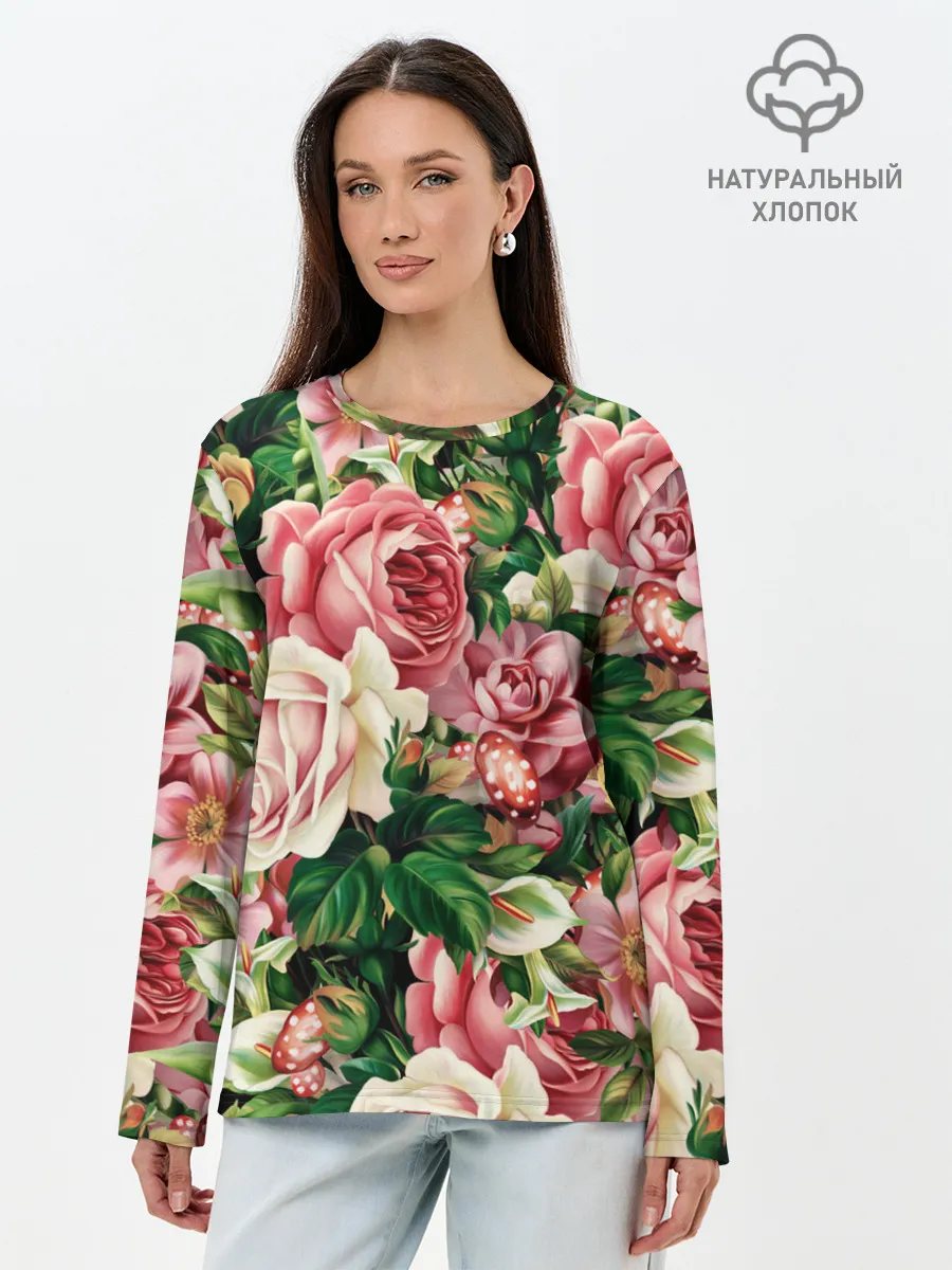 Лонгслив женский. Хлопок / ЦВЕТЫ / FLOWERS / 8 МАРТА