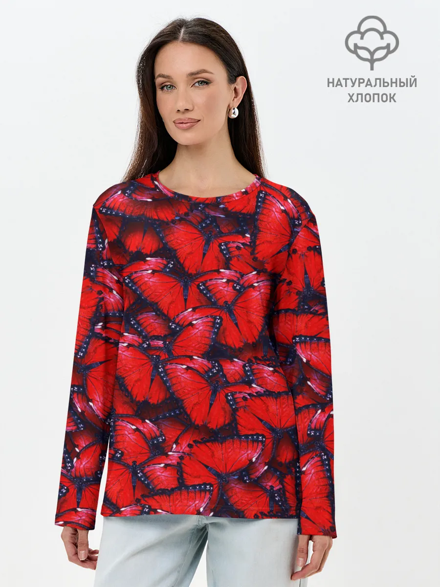 Лонгслив женский. Хлопок / Бабочки