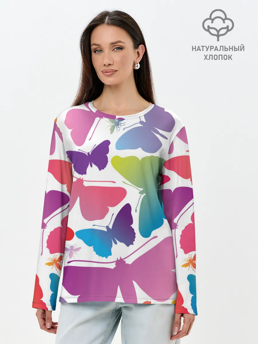 Лонгслив женский. Хлопок / БАБОЧКИ ПАТТЕРН | BUTTERFLY PATTERN