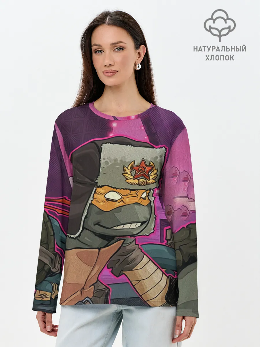 Лонгслив женский. Хлопок / ЧЕРЕПАШКА В УШАНКЕ НИНДЗЯ