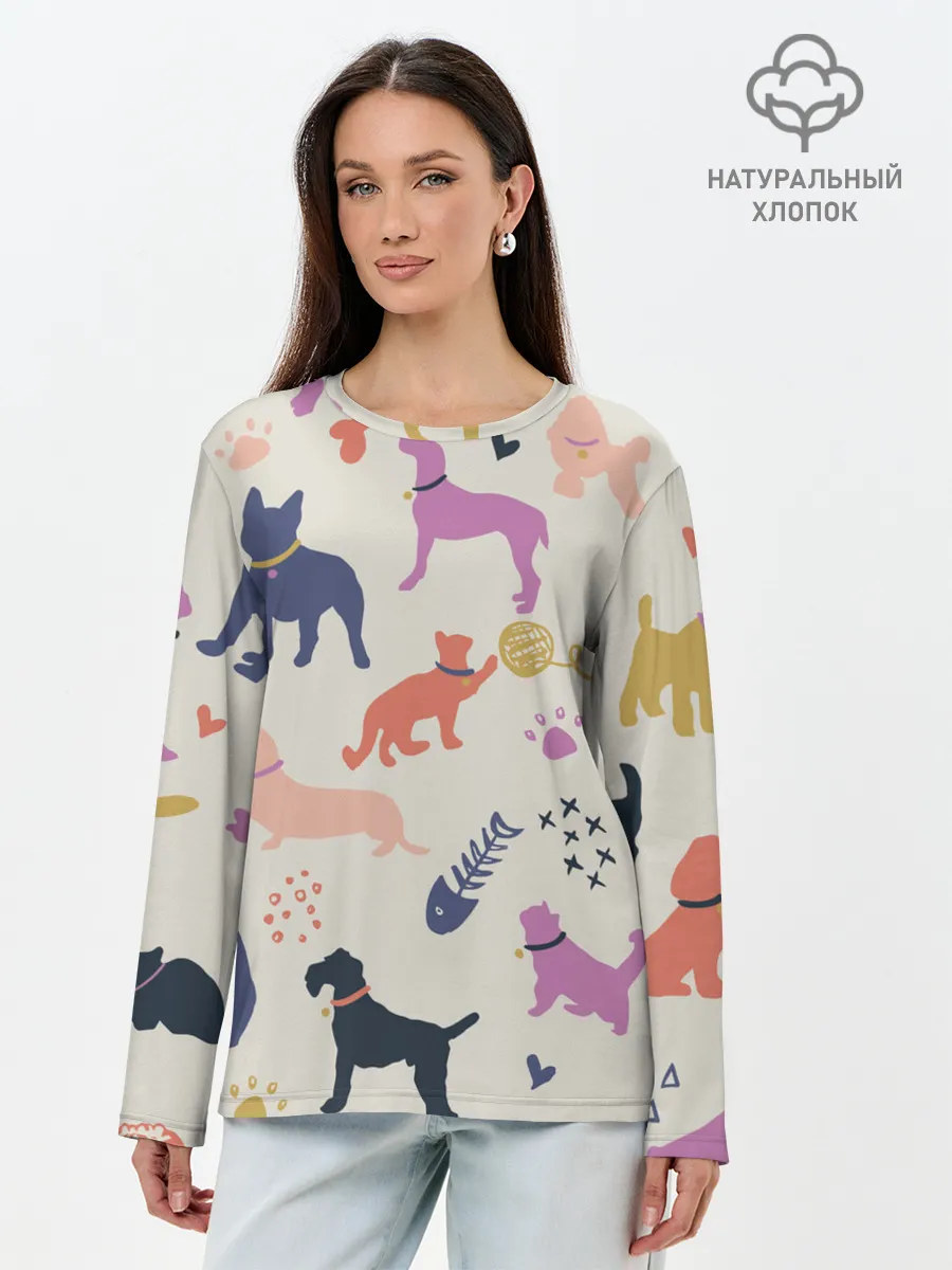 Лонгслив женский. Хлопок / Домашние животные паттерн | Pets pattern