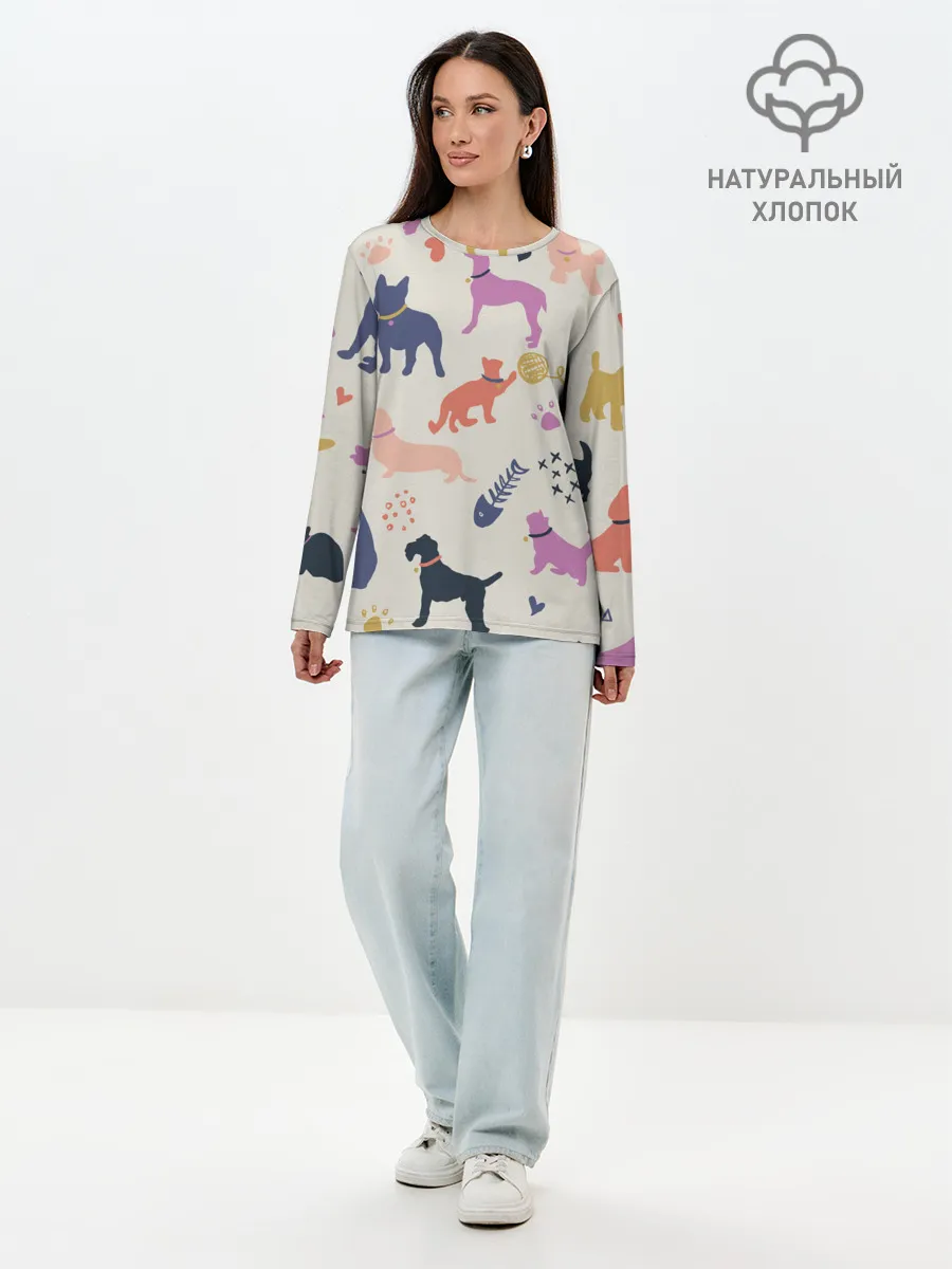 Лонгслив женский. Хлопок / Домашние животные паттерн | Pets pattern