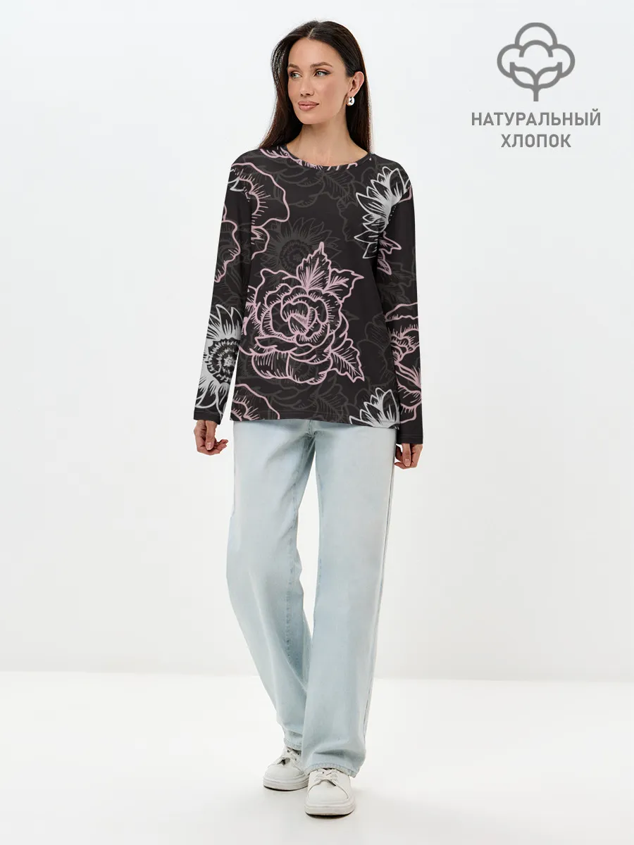 Лонгслив женский. Хлопок / Цветочный узор