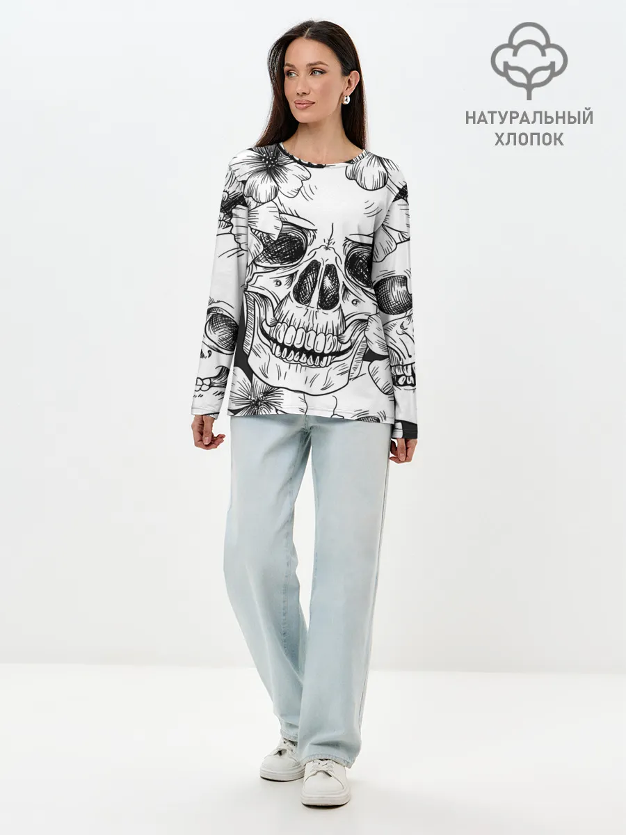 Лонгслив женский. Хлопок / Цветочный череп