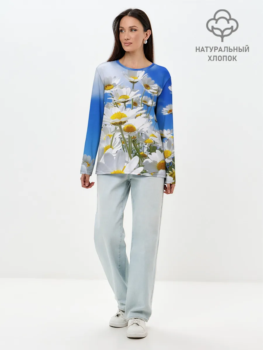 Лонгслив женский. Хлопок / Ромашки