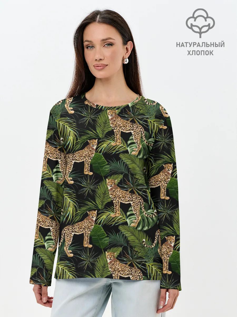 Лонгслив женский. Хлопок / Леопарды на ветках