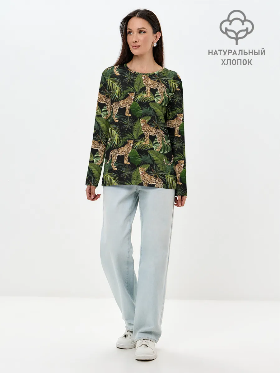 Лонгслив женский. Хлопок / Леопарды на ветках